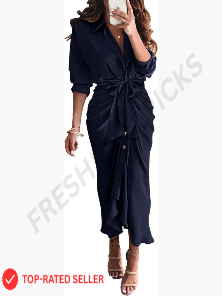 Long Sleeve V Neck Button Down Satin Shirt Dress Elegant Belted Ruched Maxi